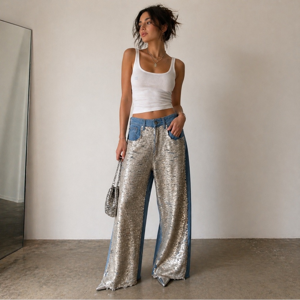ANTHROPOLOGIE  Pilcro Sequin High-Rise Wide-Leg Skater Jeans size 27